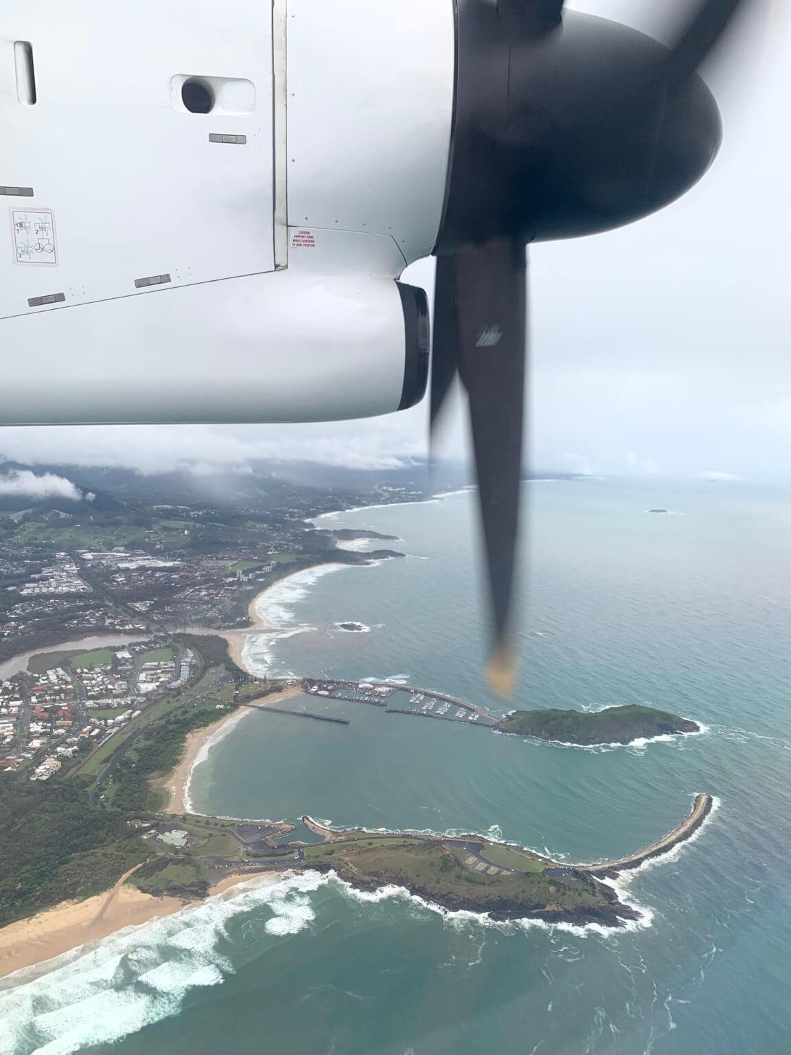 View of the coast from the airplane window.